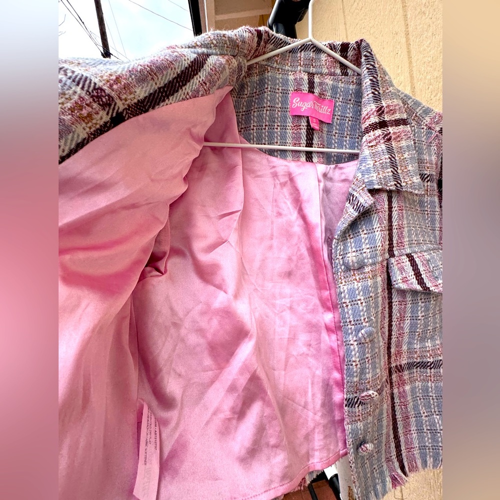 Plaid Cropped Jacket with Pink Lining - Size S - Picture 3 of 3